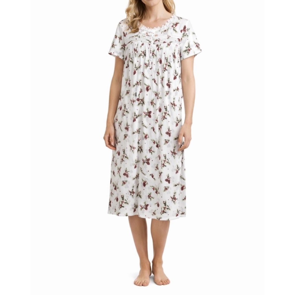 LAURA ASHLEY LACE TRIM NIGHTGOWN 3X SHORT SLV PLEATED 40" SPRING CARDINALS SOFT